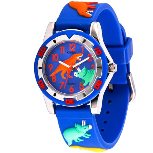 Kiddus Qualitätsuhr für Mädchen. Analoge Armbanduhr mit Zeitlernübungen. Gut lesbar, um ganz leicht zu Lernen, die Uhr zu lesen. Dinosaurier blau von Kiddus