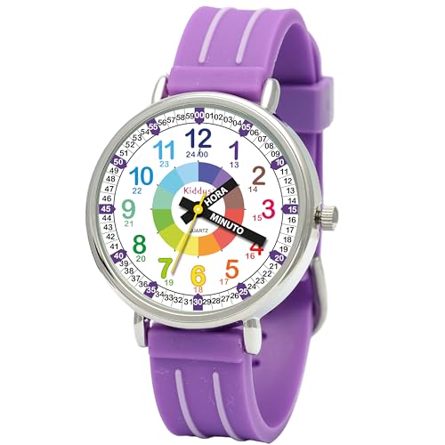Kiddus Lern Armbanduhr für Kinder, Jungen und Mädchen. Analoge Armbanduhr mit Übungen zum Erlernen der Uhrzeit. Spanische Version von Kiddus