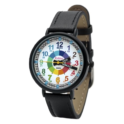 Kiddus Lern Armbanduhr für Kinder, Jungen und Mädchen. Analoge Armbanduhr mit Zeitlernübungen. Time Teacher. Dutch PU Leder Zwart von Kiddus