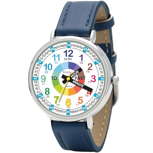 Kiddus Lern Armbanduhr für Kinder, Jungen und Mädchen. Analoge Armbanduhr mit Zeitlernübungen. Time Teacher. English PU Leather Blue von Kiddus