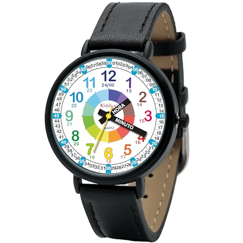 Kiddus Lern Armbanduhr für Kinder, Jungen und Mädchen. Analoge Armbanduhr mit Zeitlernübungen. Time Teacher. Español Polipiel Negro von Kiddus