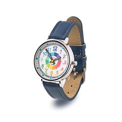 Kiddus Lern Armbanduhr für Kinder, Jungen und Mädchen. Analoge Armbanduhr mit Zeitlernübungen. Time Teacher. Polski PU Leather Niebieski von Kiddus
