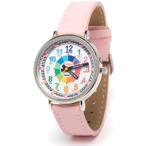 Kiddus Lern Armbanduhr für Kinder, Jungen und Mädchen. Analoge Armbanduhr mit Zeitlernübungen. Time Teacher. Polski PU Leather Różowy von Kiddus