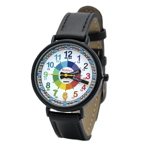 Kiddus Lern Armbanduhr für Kinder, Jungen und Mädchen. Analoge Armbanduhr mit Zeitlernübungen. Time Teacher. Svenska PU Läder Svart von Kiddus
