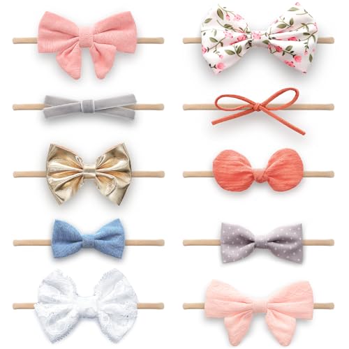 KiddyCare - Baby-Mädchen-Stirnband, Haarschleife Mädchen, Baby-Haarschleife, Handgefertigtes Nylon-Stirnband, Einheitsgröße [0-6 Monate, 10 Stück] von KiddyCare