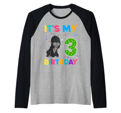 Kinder 3. Geburtstag Gorilla 3 Jahre alt Jungen Mädchen Zoo Dschungel Raglan von Kids 3rd Birthday Gorilla 3 years old Boy Girls