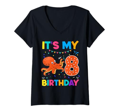 Damen Oktopus-Party zum 8. Geburtstag für Kinder, 8 Jahre, Junge, B-Tag T-Shirt mit V-Ausschnitt von Kids 8 years old Kid Boy 8th Birthday Octopus