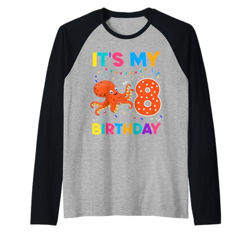 Oktopus-Party zum 8. Geburtstag für Kinder, 8 Jahre, Junge, B-Tag Raglan von Kids 8 years old Kid Boy 8th Birthday Octopus