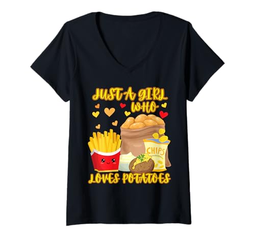 Damen Just A Girl Who Loves Potatoes Damen Süßer Kartoffelliebhaber T-Shirt mit V-Ausschnitt Damen Just A Girl Who Loves Potatoes Damen Süßer Kartoffelliebhaber T-Shirt mit V-Ausschnitt von Kids Aesthetic French Fry Funny Positive Spud Love