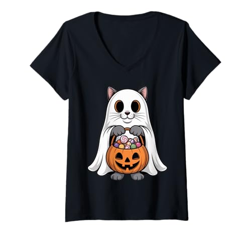Damen Niedliche Geisterkatze mit Süßigkeiten Lustiges Halloween T-Shirt mit V-Ausschnitt Damen Niedliche Geisterkatze mit Süßigkeiten Lustiges Halloween T-Shirt mit V-Ausschnitt von Kids Animal Halloween Costumes and Candy Gift