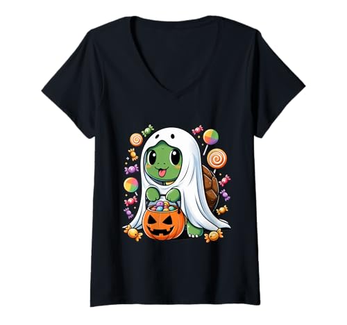 Damen Niedliche Geisterschildkröte mit Süßigkeiten Lustiges Halloween T-Shirt mit V-Ausschnitt Damen Niedliche Geisterschildkröte mit Süßigkeiten Lustiges Halloween T-Shirt mit V-Ausschnitt von Kids Animal Halloween Costumes and Candy Gift