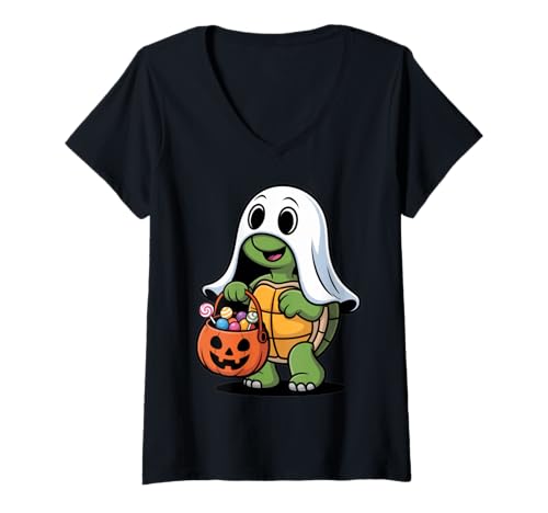 Damen Niedliche Geisterschildkröte mit Süßigkeiten Lustiges Halloween T-Shirt mit V-Ausschnitt Damen Niedliche Geisterschildkröte mit Süßigkeiten Lustiges Halloween T-Shirt mit V-Ausschnitt von Kids Animal Halloween Costumes and Candy Gift