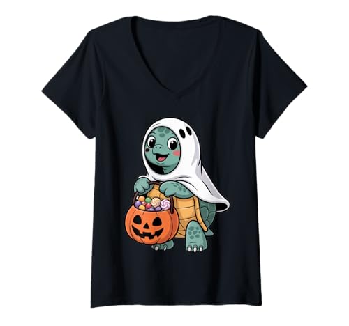 Damen Niedliche Geisterschildkröte mit Süßigkeiten Lustiges Halloween T-Shirt mit V-Ausschnitt Damen Niedliche Geisterschildkröte mit Süßigkeiten Lustiges Halloween T-Shirt mit V-Ausschnitt von Kids Animal Halloween Costumes and Candy Gift