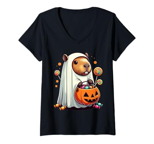 Damen Niedlicher Geist Capybara mit Süßigkeiten Lustiges Halloween T-Shirt mit V-Ausschnitt Damen Niedlicher Geist Capybara mit Süßigkeiten Lustiges Halloween T-Shirt mit V-Ausschnitt von Kids Animal Halloween Costumes and Candy Gift