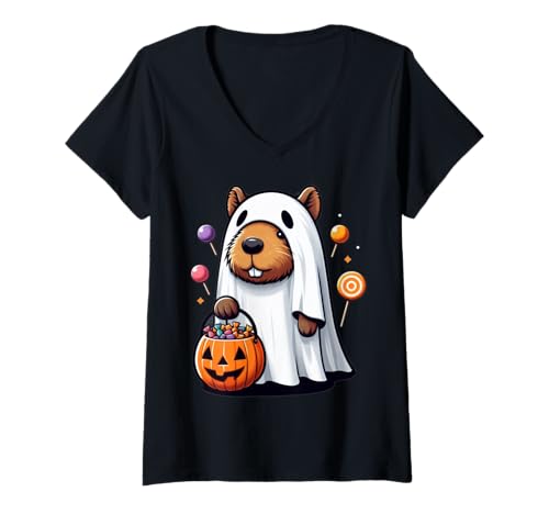 Damen Niedlicher Geist Capybara mit Süßigkeiten Lustiges Halloween T-Shirt mit V-Ausschnitt Damen Niedlicher Geist Capybara mit Süßigkeiten Lustiges Halloween T-Shirt mit V-Ausschnitt von Kids Animal Halloween Costumes and Candy Gift