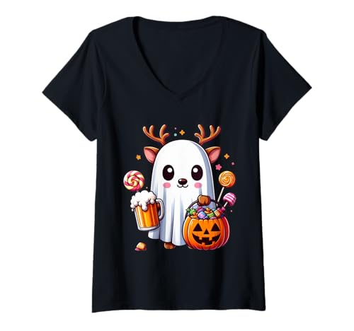 Damen Niedlicher Geist Hirsch mit Süßigkeiten Lustiges Halloween T-Shirt mit V-Ausschnitt Damen Niedlicher Geist Hirsch mit Süßigkeiten Lustiges Halloween T-Shirt mit V-Ausschnitt von Kids Animal Halloween Costumes and Candy Gift