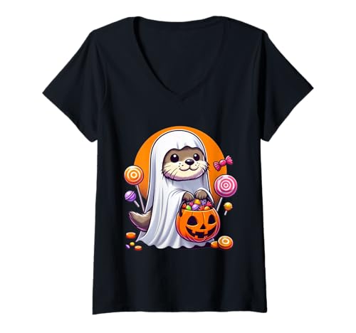 Damen Niedlicher Geisterotter mit Süßigkeiten Lustiges Halloween T-Shirt mit V-Ausschnitt Damen Niedlicher Geisterotter mit Süßigkeiten Lustiges Halloween T-Shirt mit V-Ausschnitt von Kids Animal Halloween Costumes and Candy Gift