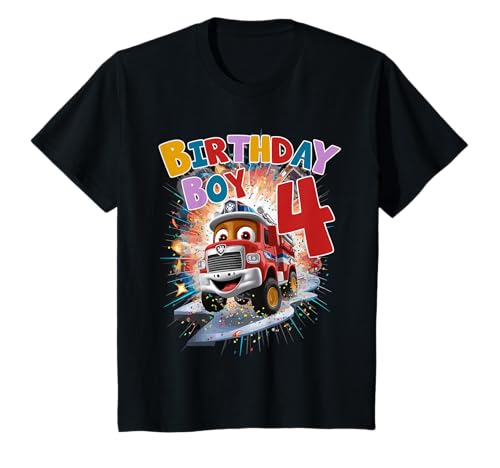 Kinder Feuerwehrauto 4. Geburtstag Feuerwehrmann Junge T-Shirt von Kids Birthday 4 Years
