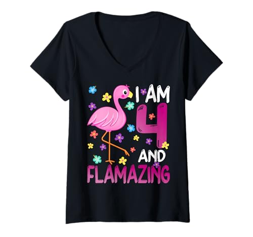 Damen I Am 4 and Flamazing Amazing 4th Birthday Flamingo Lover T-Shirt mit V-Ausschnitt Damen I Am 4 and Flamazing Amazing 4th Birthday Flamingo Lover T-Shirt mit V-Ausschnitt von Kids Birthday Gifts Flamingo Shirts