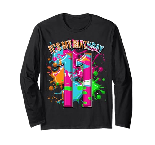 T-Shirt zum 11. Geburtstag für Mädchen Jungen 11 Jahre Farbspritzer Langarmshirt von Kids Birthday Party, Awesome Birthday Party Wear