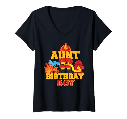 Damen Tante des Geburtstags Junge Feuerwehrauto Feuerwehrmann Party T-Shirt mit V-Ausschnitt Damen Tante des Geburtstags Junge Feuerwehrauto Feuerwehrmann Party T-Shirt mit V-Ausschnitt von Kids Fireman Birthday Matching Family Gifts