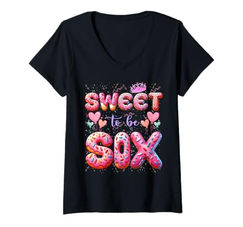 Damen Donut Cake Sweet to Be Six 6. Geburtstag, 6 Jahre alte Familie T-Shirt mit V-Ausschnitt Damen Donut Cake Sweet to Be Six 6. Geburtstag, 6 Jahre alte Familie T-Shirt mit V-Ausschnitt von Kids Funny Birthday Girls Party Sweet Donut Cake