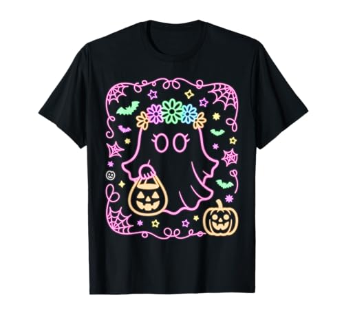 Niedliche Halloween-Mädchen, rosa Geist, Blume, Boho, adrett T-Shirt von Kids Halloween Shirt Company LLC