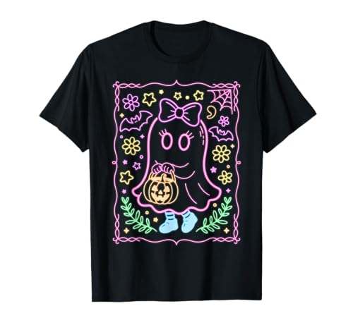 Niedliche Halloween-Mädchen rosa Geist Kürbis Süßigkeiten Schleife Fledermäuse T-Shirt von Kids Halloween Shirt Company LLC
