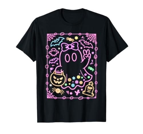 Niedliches Halloween-Schild für Mädchen, rosa Geist, Frieden, Kürbis, Süßigkeiten T-Shirt von Kids Halloween Shirt Company LLC
