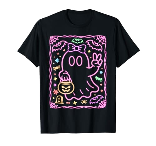 Süßes Halloween Mädchen Rosa Geist Peace Out Kokette Schleife Boo T-Shirt von Kids Halloween Shirt Company LLC