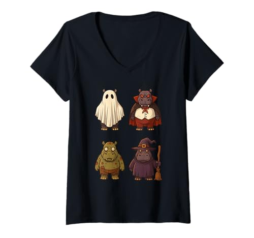 Damen Nilpferd Halloween Lustiges Kostüm für Jungen & Mädchen T-Shirt mit V-Ausschnitt von Kids Hippo Halloween Clothing Tee