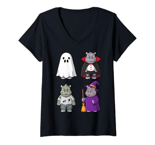 Damen Funny Hippo Ghost Witch Zombie Halloween Costume Boys Girls T-Shirt mit V-Ausschnitt Damen Funny Hippo Ghost Witch Zombie Halloween Costume Boys Girls T-Shirt mit V-Ausschnitt von Kids Hippo Halloween Funny Hippo Tee