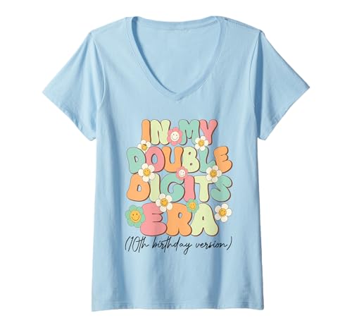 Damen Kids In My Double Digits Era, 10. Geburtstag Version Groovy T-Shirt mit V-Ausschnitt Damen Kids In My Double Digits Era, 10. Geburtstag Version Groovy T-Shirt mit V-Ausschnitt von Kids In My Double Digits Era,10th Birthday