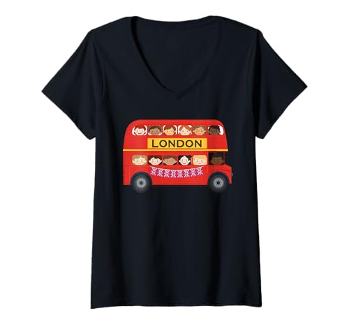 Damen British Bus Iconic Doppeldecker Public Transport London UK T-Shirt mit V-Ausschnitt Damen British Bus Iconic Doppeldecker Public Transport London UK T-Shirt mit V-Ausschnitt von Kids London Souvenir Cute Bus Toddler Boy or Girl