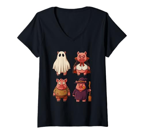 Damen Lustiges Schwein Geist Hexe Zombie Halloween Kostüm Jungen & Mädchen T-Shirt mit V-Ausschnitt Damen Lustiges Schwein Geist Hexe Zombie Halloween Kostüm Jungen & Mädchen T-Shirt mit V-Ausschnitt von Kids Pig Halloween Clothing Tee