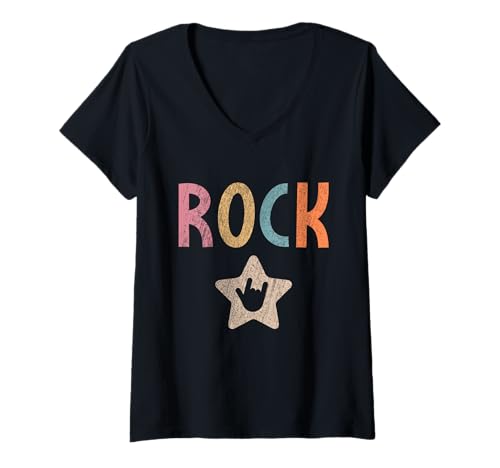 Damen Rock Star Kids Rock and Roll Vintage Rockmusikschild Punk T-Shirt mit V-Ausschnitt Damen Rock Star Kids Rock and Roll Vintage Rockmusikschild Punk T-Shirt mit V-Ausschnitt von Kids Rock and Wear Rock On Sign, Boys Girls Family