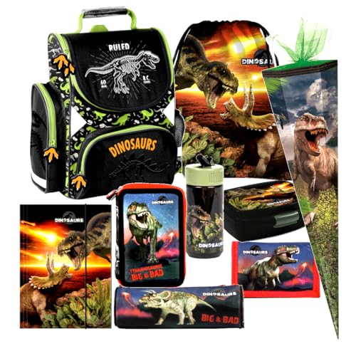Dinosaurier Dino 9 Teile Set T- Rex Schulranzen Ranzen Tasche TORNISTER Geldbeutel SCHULTÜTE 85 cm Federmappe mit Sticker-von-Kids4shop von kids4shop
