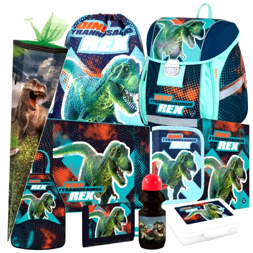 Dinosaurier Dino T-Rex 10 Teile Set Schulranzen Ranzen Tasche Tornister Schultüte 85 cm Federmappe mit Sticker-von-Kids4shop Blau von kids4shop