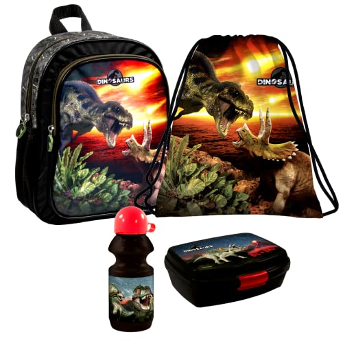 Dinosaurier Dino T-Rex 4 Teile Rucksack Tasche Kindergarten Set Brotdose Trinkflasche mit Sticker-von-Kids4shop von Kids4shop