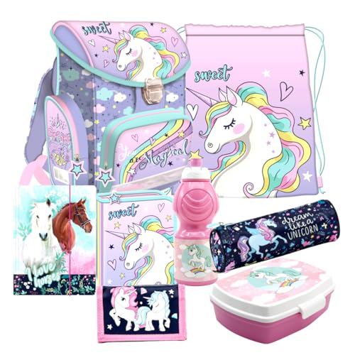 Einhorn Unicorn Pferd Pony Horse 8 Teile Set Schulranzen Schultasche Ranzen Tornister Federmappe mit Sticker-von-Kids4shop von kids4shop