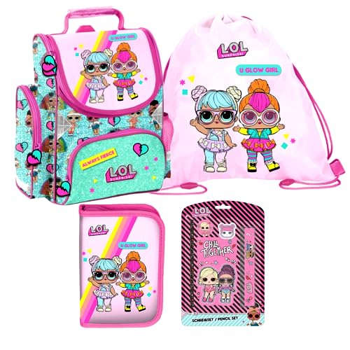 LOL L.O.L Surprise 4 Teile Set Schulranzen Schulrucksack Tornister RANZEN mit Sticker-von-Kids4shop Tasche Puppen Motiv von kids4shop