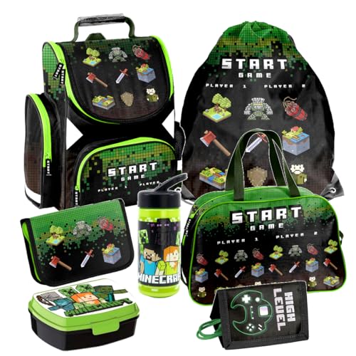 Minecraft Games Play Pixel 7 Teile Set Tornister Ranzen Schulranzen Tasche Federmappe mit Sticker-von-Kids4shop Schulrucksack von Kids4shop