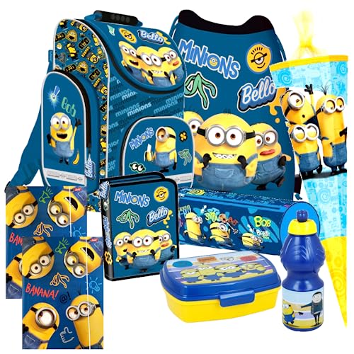 Minions 9 Teile Set Schulranzen Schultüte 85 cm Ranzen Federmappe Tornister mit Sticker-von-Kids4shop Blau von kids4shop