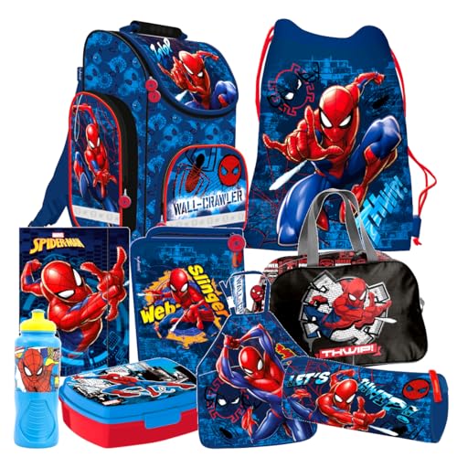 Spiderman 9 Teile Set SCHULRANZEN Ranzen Federmappe Tornister Federtasche Malschürze mit Sticker-von-Kids4shop von Kids4shop