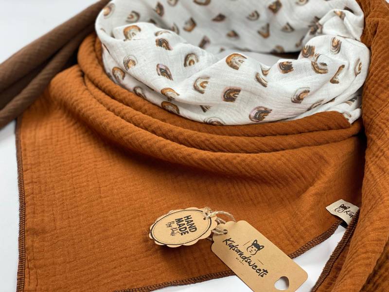 Musselintuch Xxl, Musselinschal, Damen, Tricolor Cognac + Hellbraun Regenbogen Musselin von KidsandSweets