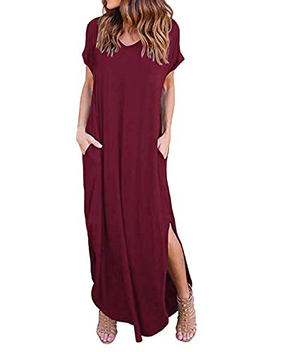 Kidsform Maxikleider Damen Sommerkleid Lang Kurzarm Strandkleider Kleid V-Ausschnitt Mit Taschen A1-Rot M von Kidsform