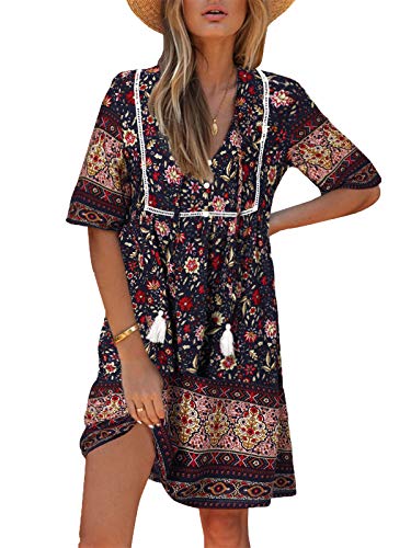 Kidsform Damen Kleider Tshirt Kleid Kurzarm Tunika Boho Blumen Sommerkleid für Damen V-Ausschnitt Minikleid Shirt Lose S-Dunkelblau L von Kidsform