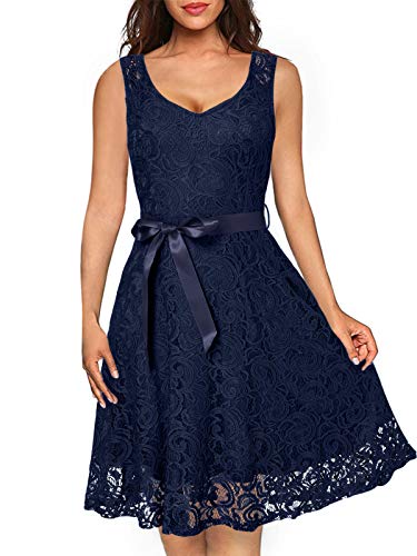 Kidsform Damen Spitzen Abendkleider 50er Jahre Kleider Partykleid Ärmellos Kleider Schwingen Cocktailkleid Elegant für Hochzeit Ballkleid Marine EU 36/Etikettgröße S von Kidsform