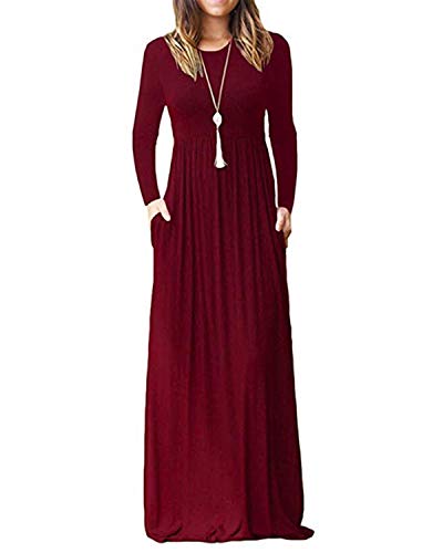 Kidsform Maxi Kleid Damen Casual Langarm Sommerkleid Kreuz Lange Kleid Mit Tasche Lose Strandkleider HoheTaille E1-Weinrot S von Kidsform