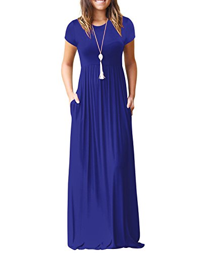 Kidsform Maxi Kleid Damen Casual Sommerkleid Kurzarm Lange Kleid Mit Tasche Lose Strandkleider HoheTaille A-Blau 2XL von Kidsform